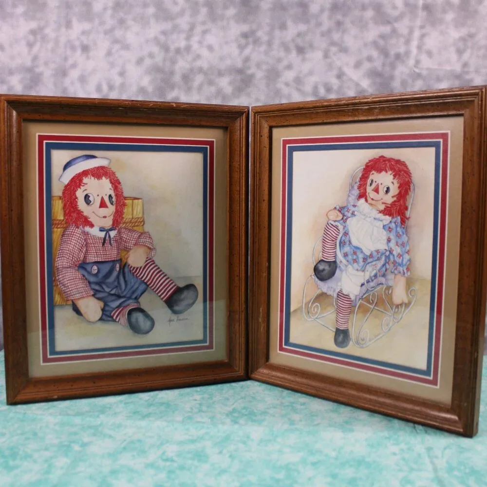 Raggedy Ann & Andy Framed Art Print Set Vintage Country Wall Decor 1980s